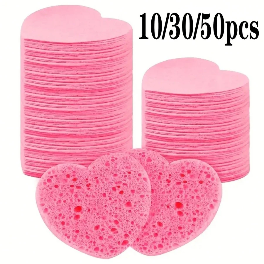 10/30/50 Buah Spons Wajah Berbentuk Hati yang Dikompresi untuk Membersihkan, Bantalan Spons Pembersih Wajah Alami untuk Eksfoliasi, Cocok untuk Penggunaan di Rumah dan Perjalanan - Watermelon Pink - View 1