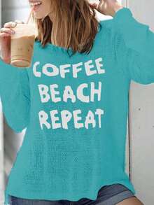 Crew Neck Long Sleeve Side Slit Letter Knit Sweater, Casual For Everyday Wear - Baby Blue - View 2