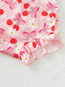 Cute Baby Girl Cherry Print Ruffled Edge Romper, Adorable Pink,Perfect Gift For Baby