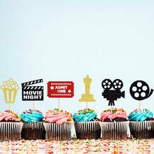 24pcs Movie Theme Shiny Cupcake Wrappers & Toppers, Film Night Cupcake Decorations, Camera, Popcorn, Baby Shower, Birthday Party - Multicolor - View 7