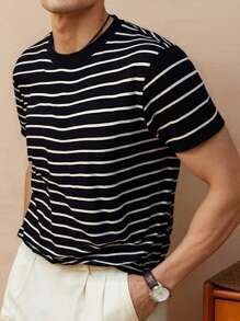 Men's Striped Knit Crew Neck Short Sleeve T-Shirt, Casual & Business Fitted Style, Breathable For Summer