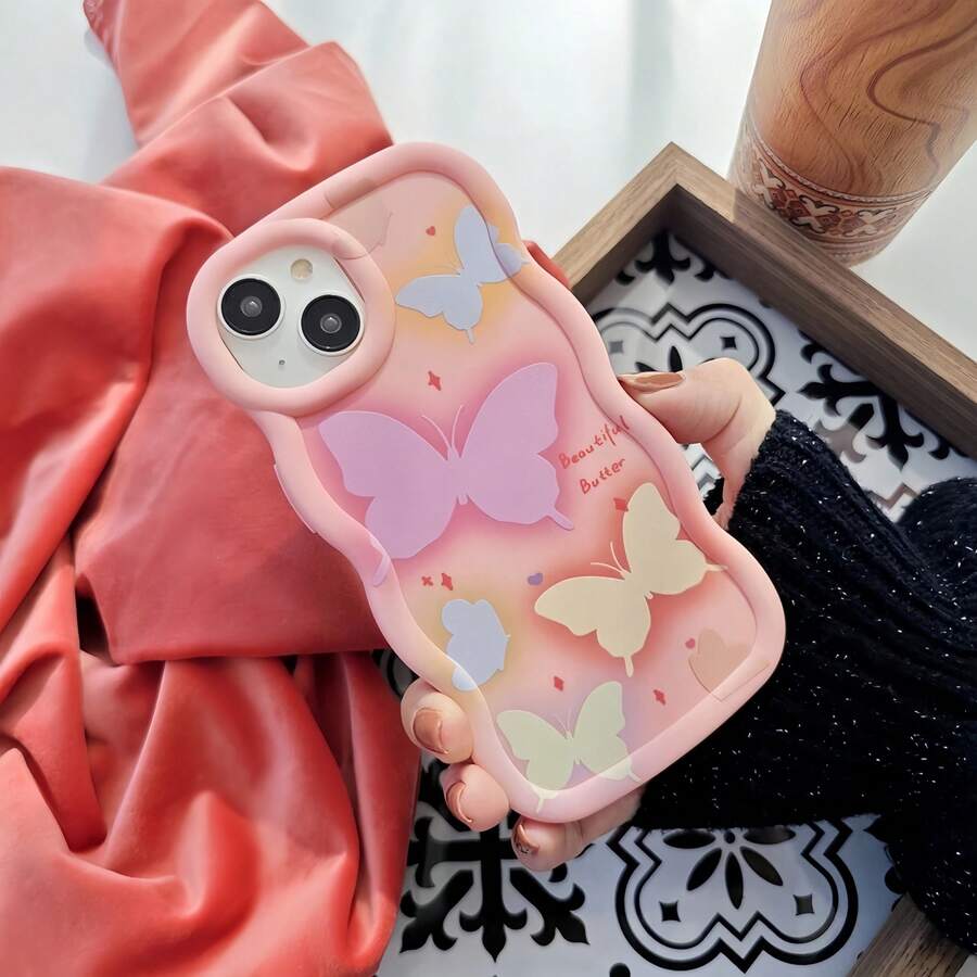 1 pieza Funda de teléfono con patrón de mariposa de onda de dopamina del milenio de colores, compatible con iPhone 16/compatible con Redmi Note 11 4G/compatible con Galaxy A55/compatible con Infinix Note 30/compatible con Moto E30 - Rosa - Ver 1