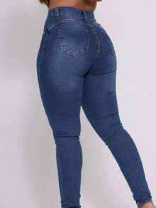 Women's Skinny High Waist Jeans With Lycra Basic Butt Lift Effect - 石油藍洗液 - 查看 2