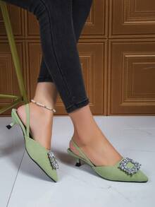 2025 Spring/Autumn New Women's Square Buckle Rhinestone Pointed Toe Slip-On Slingback Low Heels Sandals, Backless Design, Versatile For Dresses & Outfits - Green - View 4