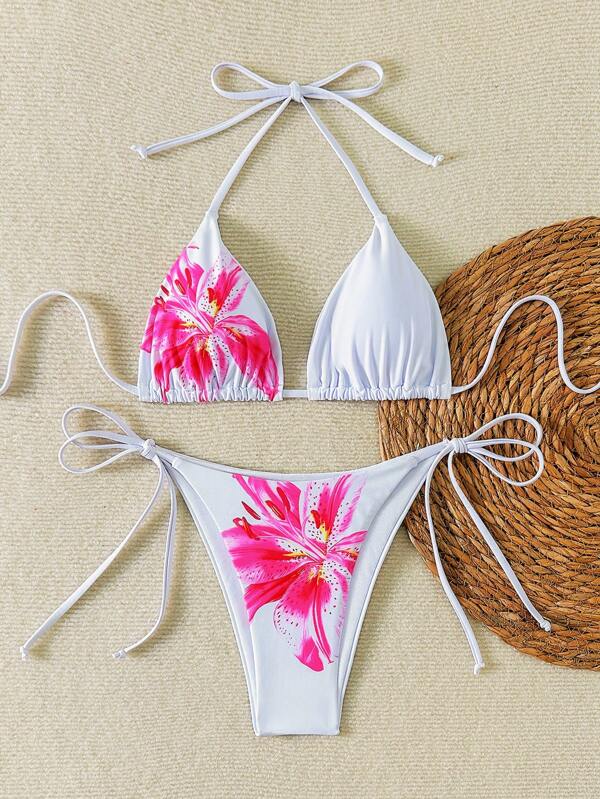 Damen Bikini Set mit Blumenmuster und Halterkragen, Top mit Bindeknoten und Slip mit Bindeseiten, Sommermode Badeanzug