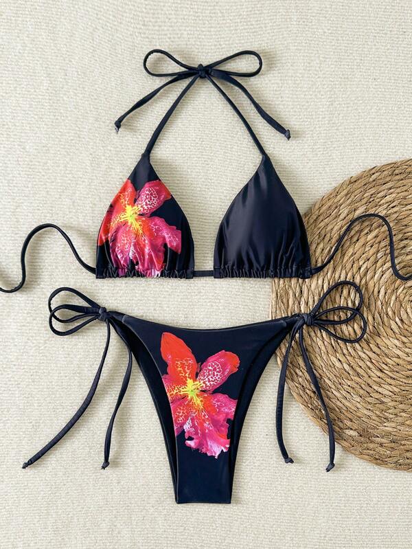 Damen Bikini-Set mit Blumendruck in 2 Teilen, Dreiecksoberteil mit Bindeband und Dreieck-Bikinihose mit Seitenbändern, Sommer Bademode