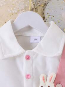 2pcs Girls Cute Bunny Short Sleeve Top And Bib Dress Set, Summer - Pink - View 3