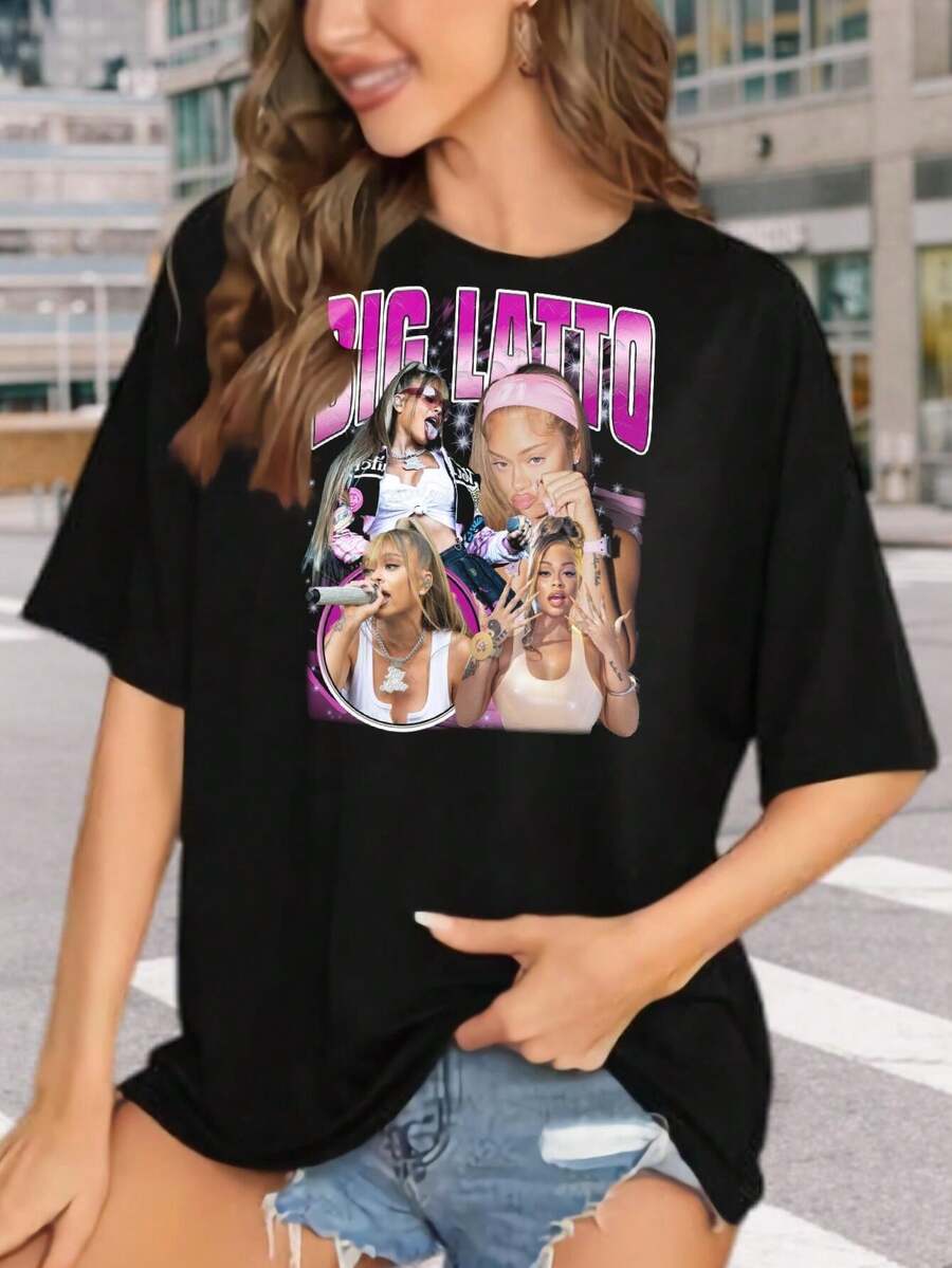 Women's Big Latto Vintage Bootleg Tee Rare Graphic Shirt Hip Hop Fashion Retro Style - Black - View 1