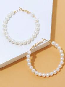 1 Pair Simple Fashion Pearl Hoop Earrings, Minimalist & Practical Multifunctional - Gold - View 3