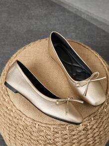 Damen Quadratische Zehenschuhe mit Schleifendekor, Farbe Gold, Lässig Alltagsschuhe und Outdoorschuhe für Frühling, Sommer, Herbst