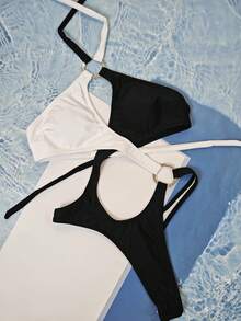 Color Block Hollow Out One-Piece Swimsuit, Sexy Criss-Cross Back Monokini For Women, Summer - Black and White - View 4