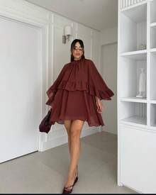Short Chiffon Dress With Ruffles - Rust Brown - View 4