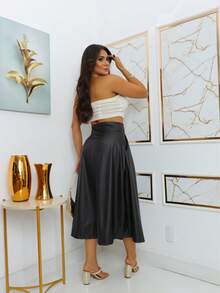 LONG WOMEN'S LEATHER SKIRT WITH BUTTONS AT THE FRONT, SUPER STYLISH - màu đen - Xem 2