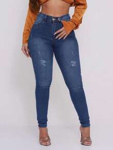 Women's Skinny High Waist Jeans With Lycra Basic Butt Lift Effect - 石油藍洗液 - 查看 1