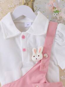 2pcs Girls Cute Bunny Short Sleeve Top And Bib Dress Set, Summer - Pink - View 4