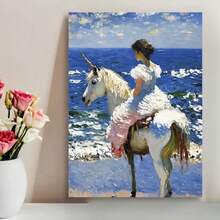 Framed Canvas Print Poster,  Valentine'S Day, The Girl On The Unicorn On The Beach Suitable For Living Room, Bedroom, Office Decoration, Gifts, Giveaways - Framed - View 1