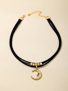 1pc Vintage Moon & Emoticon Multi-Layer Metal Moon Pendant Necklace For Women, Fashion & Versatile