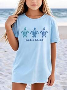 1 Pc Girls Casual Turtle Graphic Print Round Neck Short Sleeve T-Shirt, Summer Student Younger Kid Fashion - Imaginative & Self-Expressive Turtle Artwork Design
