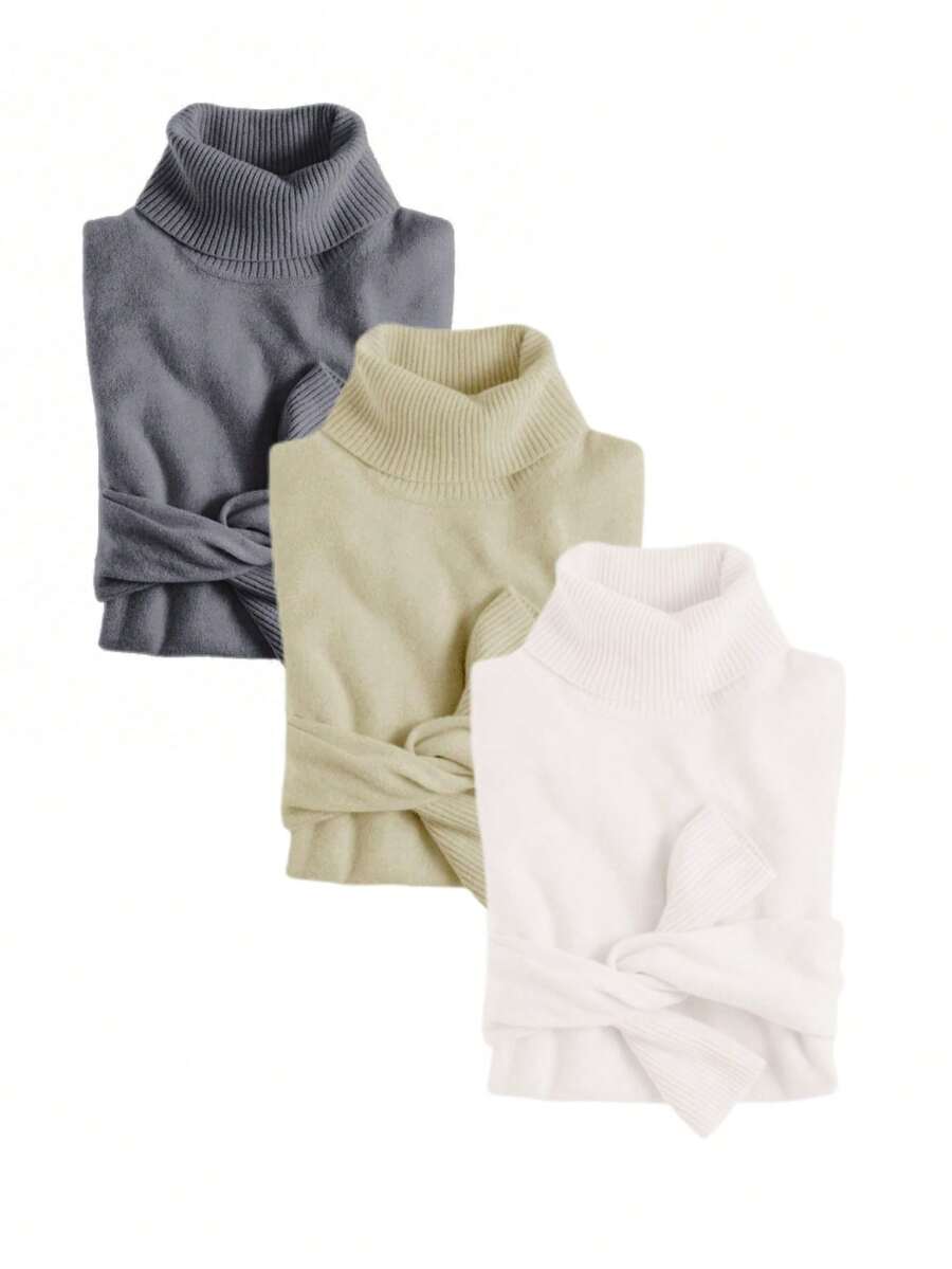 MF Kit 3 Basic Women's Knitted Blouse High Neck Cacharrel Sweater - CHUMBO/CAQUI/BRANCO - View 1