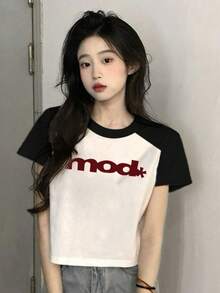 夏季新款女士时尚休闲拼布短袖 T 恤 - 黑與白 - 查看 4