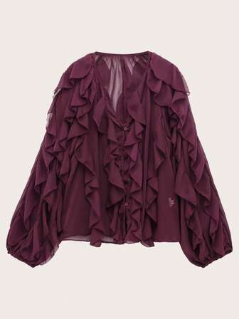 Women's Long Sleeve Solid Color Layered Decorative Blouse, Spring/Summer