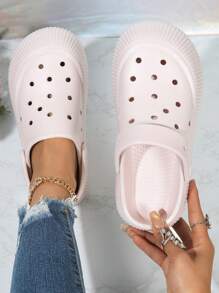 Women's Pink Hollow Out Sandals, Cute Bubblegum Pink Thick Sole Holey Shoes, Slip-On Casual Student Summer Outdoor Wear Non-Slip Beach Slides