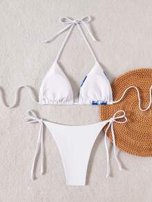 Women's Summer Floral Print Bikini Set With Tie Triangle Top And Side-Tie Triangle Bottom Vacation Beach White - White - View 2
