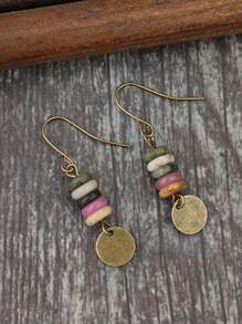 1 Pair New Vintage Style Handmade Beaded Round Tin Plate Earrings, Creative Women Small Stone Beaded Retro Earrings, Bracelet, Necklace