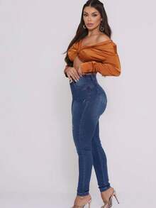 Women's Skinny High Waist Jeans With Lycra Basic Butt Lift Effect - 石油藍洗液 - 查看 6