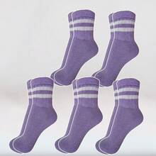 Women's Cotton Socks 05 Pairs With Stripes Mid-Calf - 紫丁香色 - 查看 5