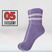 Women's Cotton Socks 05 Pairs With Stripes Mid-Calf - 紫丁香色 - 查看 2