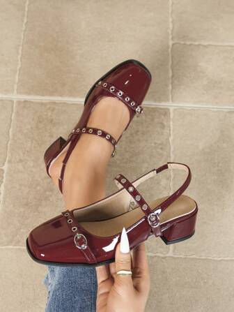 Elegant Ladies Shoes, Fashion Versatile Minimalist Design, Lightweight Comfortable Chunky Heels, Breathable Suitable For Daily Wear, Slip-On With Ankle Strap, Dual Buckles, Plain Nude & Red Mary Jane Round Toe High Heels
