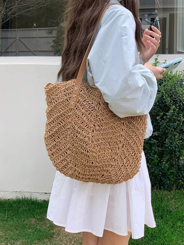 Bolsa Tote de Palha Feminina, Grande Capacidade, Nova Moda 2025, Bolsa de Ombro, Para Ir e Vir, Estilo Resort de Praia, Bolsa Trançada
