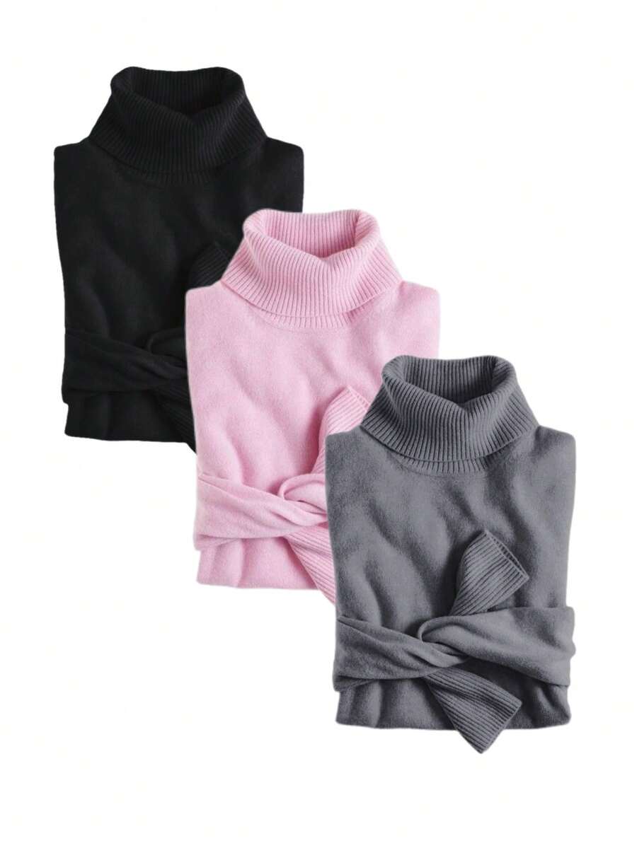 MF Kit 3 Basic Women's Knitted Blouse High Neck Cacharrel Sweater - PRETO/ROSA/CHUMBO - View 1
