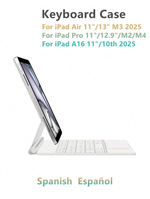 Funda de teclado en español compatible con Ipad Air 11 / 13 pulgadas M3 2025 A16 generación 11 y 10. También compatible con teclados Magic para Ipad Pro 11"/12.9" M4/M2 generaciones 6, 5, 4, 10.9, 3 y 2. Funda inteligente inalámbrica con retroiluminación táctil múltiple y magnética en color blanco.
