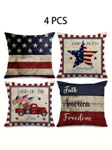 4pcs/1pc Independence Day Pillowcase, American Independence Day Decorative Pillow Cover, Red, White, Blue Striped Design, Pentagram, Truck, Flower Pattern Design, Used For Party Decoration In Living Rooms, Sofas, And Bedrooms | 18x18 Inches | Zipper Closure | Soft And Comfortable Fabric - Durable, Fade Resistant, Machine Washable, Suitable For Independence Day Gifts, Independence Day Decorations, And Home Decor. No Pillow Core