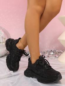 女士黑色水钻厚底运动鞋，2025 年春秋季时尚 Ins 风格增高休闲运动鞋 - 黑色 - 查看 9