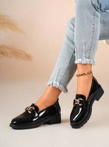 Women's Plus Size Black Metal Buckle Loafers (Run Small), Low Vamp Glossy Thick Sole Casual Minimalist French Elegant School/Commute Comfortable Waterproof Non-Slip Thick Bottom Flats, Suitable For Dresses, Street, Park, Party, Valentine's Day, Birthday Gift, Vacation