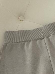 夏季两件套女士无袖套装时尚针织短款 T 恤运动服 - 卡其色 - 查看 4