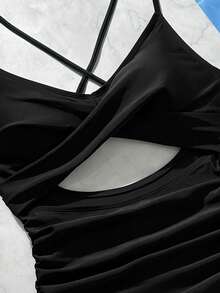 Solid Color V-Neck Crisscross Hollow Back Lace-Up High Elasticity Polyester Blend One Piece Swimsuit For Women, Full Coverage, Summer Beach/Pool Party Outfit