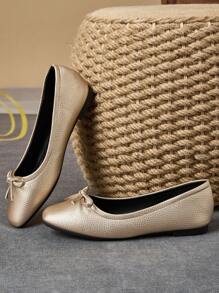 Damen Quadratische Zehenschuhe mit Schleifendekor, Farbe Gold, Lässig Alltagsschuhe und Outdoorschuhe für Frühling, Sommer, Herbst