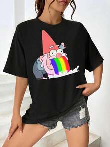 Women's Gnome Rainbow Vomit T-Shirt Funny Cute Unique Graphic Tee - Black - View 1