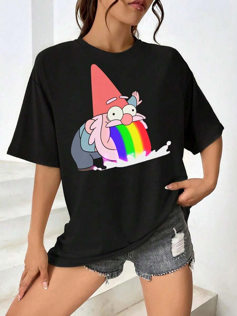 Women's Gnome Rainbow Vomit T-Shirt Funny Cute Unique Graphic Tee - Black - View 1