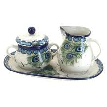 Blue Rose Polish Pottery Peacock Large Cream & Sugar Set With Tray Peacock Feather