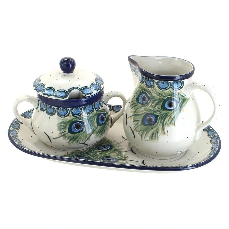 Blue Rose Polish Pottery Peacock Large Cream & Sugar Set With Tray Peacock Feather