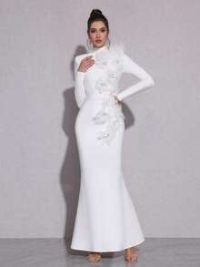 Modphy 女士长袖白色3D立体花卉绷带连衣裙，饰有水晶花朵，适合婚礼、晚宴、生日、复活节等正式场合，尺码齐全，可作礼服、晚礼服、婚礼宾客等。 - 白色 - 查看 2