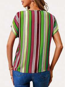 Women's Simple Stripe Print Round Neck Batwing Sleeve Blouse - Green - View 2