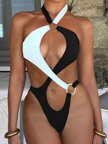 Color Block Hollow Out One-Piece Swimsuit, Sexy Criss-Cross Back Monokini For Women, Summer - Black and White - View 2