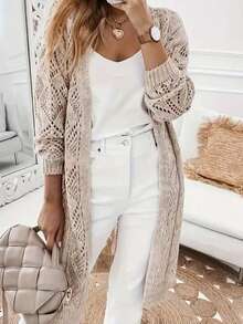 Women's Casual Long Sleeve Solid Color Hollow Out Knit Cardigan - Button Front Spring - Apricot - View 4