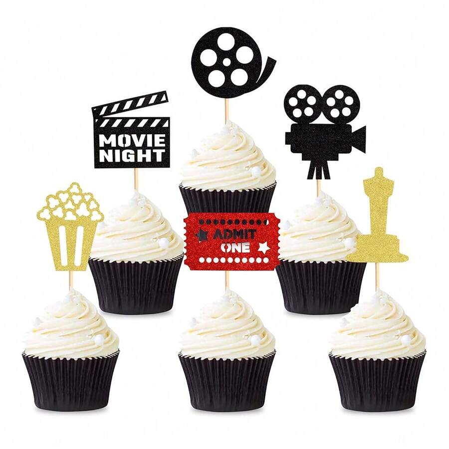 24pcs Movie Theme Shiny Cupcake Wrappers & Toppers, Film Night Cupcake Decorations, Camera, Popcorn, Baby Shower, Birthday Party - Multicolor - View 1